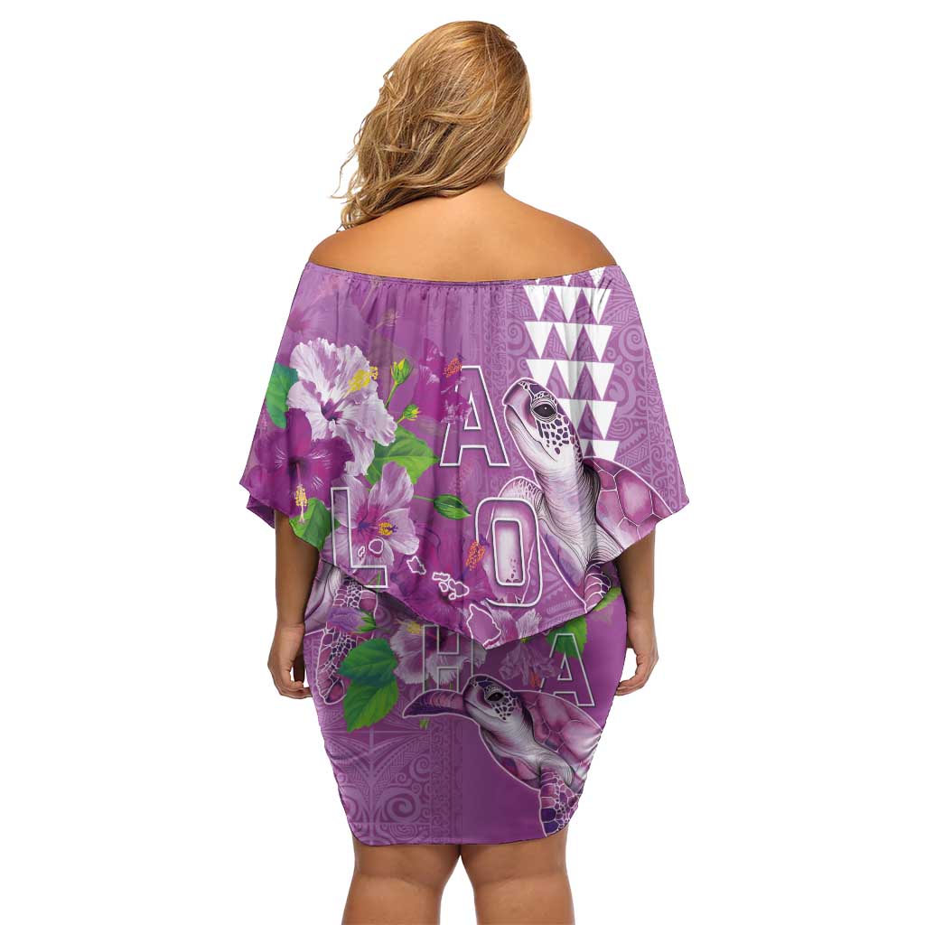 Hawaii Aloha Turtle Hibiscus and Leaves Family Matching Off Shoulder Short Dress and Hawaiian Shirt with Polynesian and Kakau Tattoos Lilac Color - Polynesian Pride