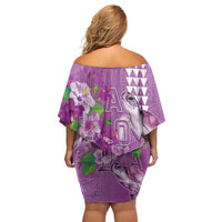 Hawaii Aloha Turtle Hibiscus and Leaves Family Matching Off Shoulder Short Dress and Hawaiian Shirt with Polynesian and Kakau Tattoos Lilac Color - Polynesian Pride