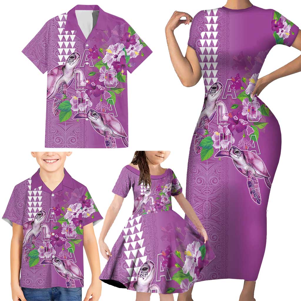 Hawaii Aloha Turtle Hibiscus and Leaves Family Matching Short Sleeve Bodycon Dress and Hawaiian Shirt with Polynesian and Kakau Tattoos Lilac Color - Polynesian Pride
