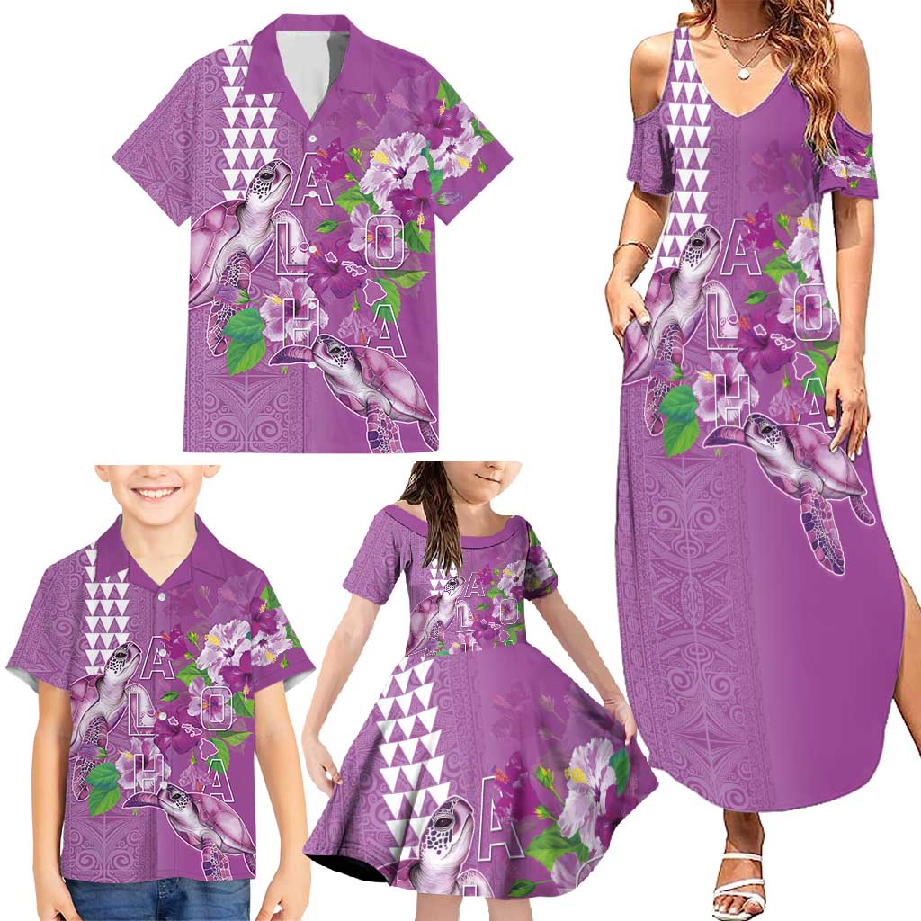 Hawaii Aloha Turtle Hibiscus and Leaves Family Matching Summer Maxi Dress and Hawaiian Shirt with Polynesian and Kakau Tattoos Lilac Color - Polynesian Pride