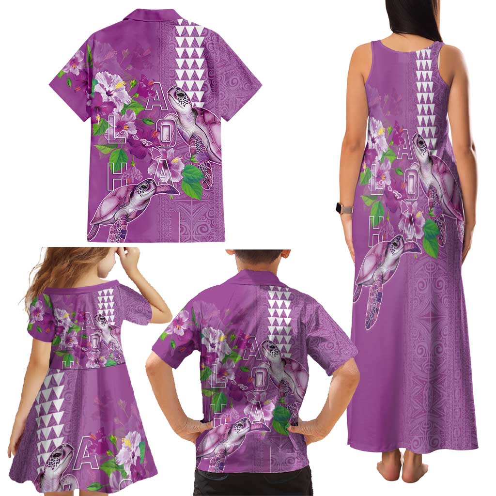 Hawaii Aloha Turtle Hibiscus and Leaves Family Matching Tank Maxi Dress and Hawaiian Shirt with Polynesian and Kakau Tattoos Lilac Color - Polynesian Pride