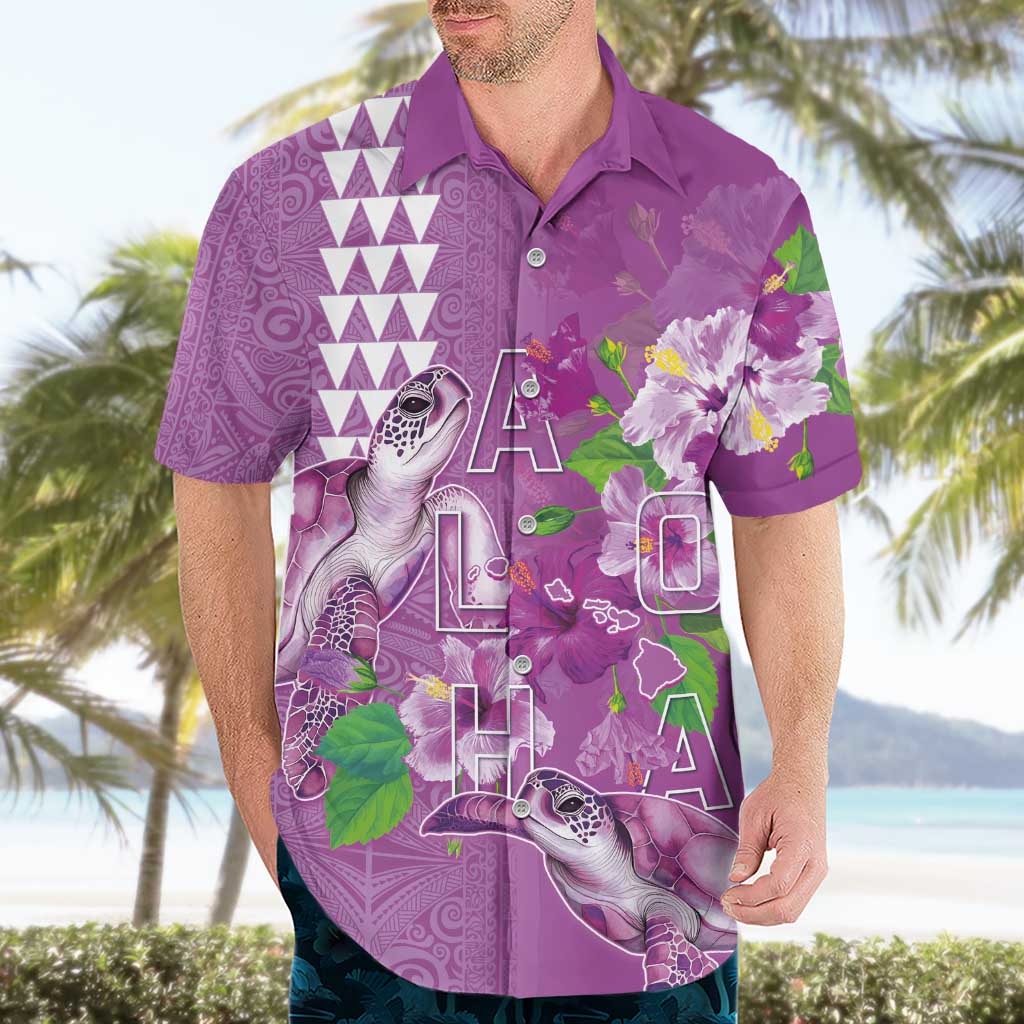 Hawaii Aloha Turtle Hibiscus and Leaves Hawaiian Shirt with Polynesian and Kakau Tattoos Lilac Color - Polynesian Pride