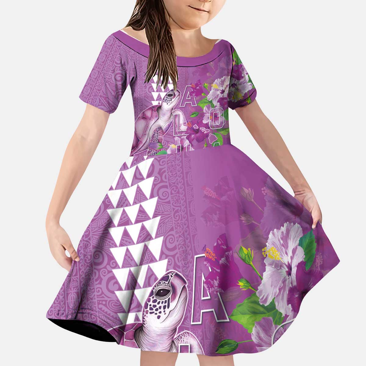 Hawaii Aloha Turtle Hibiscus and Leaves Kid Short Sleeve Dress with Polynesian and Kakau Tattoos Lilac Color - Polynesian Pride