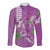 Hawaii Aloha Turtle Hibiscus and Leaves Long Sleeve Button Shirt with Polynesian and Kakau Tattoos Lilac Color - Polynesian Pride