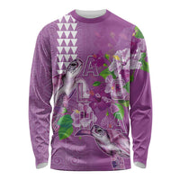 Hawaii Aloha Turtle Hibiscus and Leaves Long Sleeve Shirt with Polynesian and Kakau Tattoos Lilac Color - Polynesian Pride