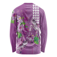 Hawaii Aloha Turtle Hibiscus and Leaves Long Sleeve Shirt with Polynesian and Kakau Tattoos Lilac Color - Polynesian Pride
