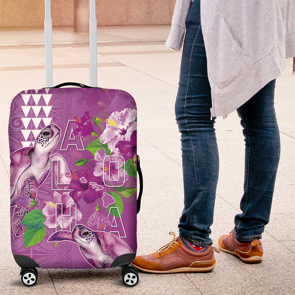 Hawaii Aloha Turtle Hibiscus and Leaves Luggage Cover with Polynesian and Kakau Tattoos Lilac Color - Polynesian Pride