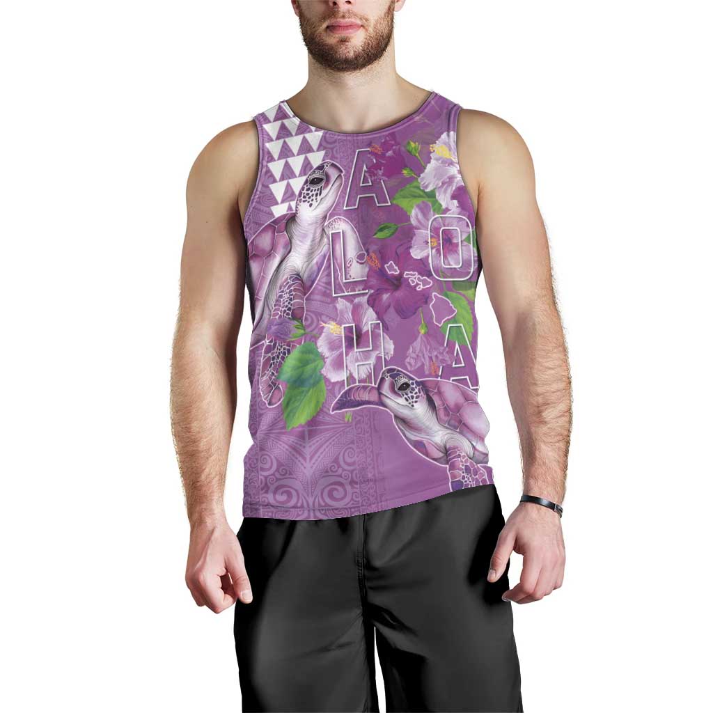 Hawaii Aloha Turtle Hibiscus and Leaves Men Tank Top with Polynesian and Kakau Tattoos Lilac Color - Polynesian Pride