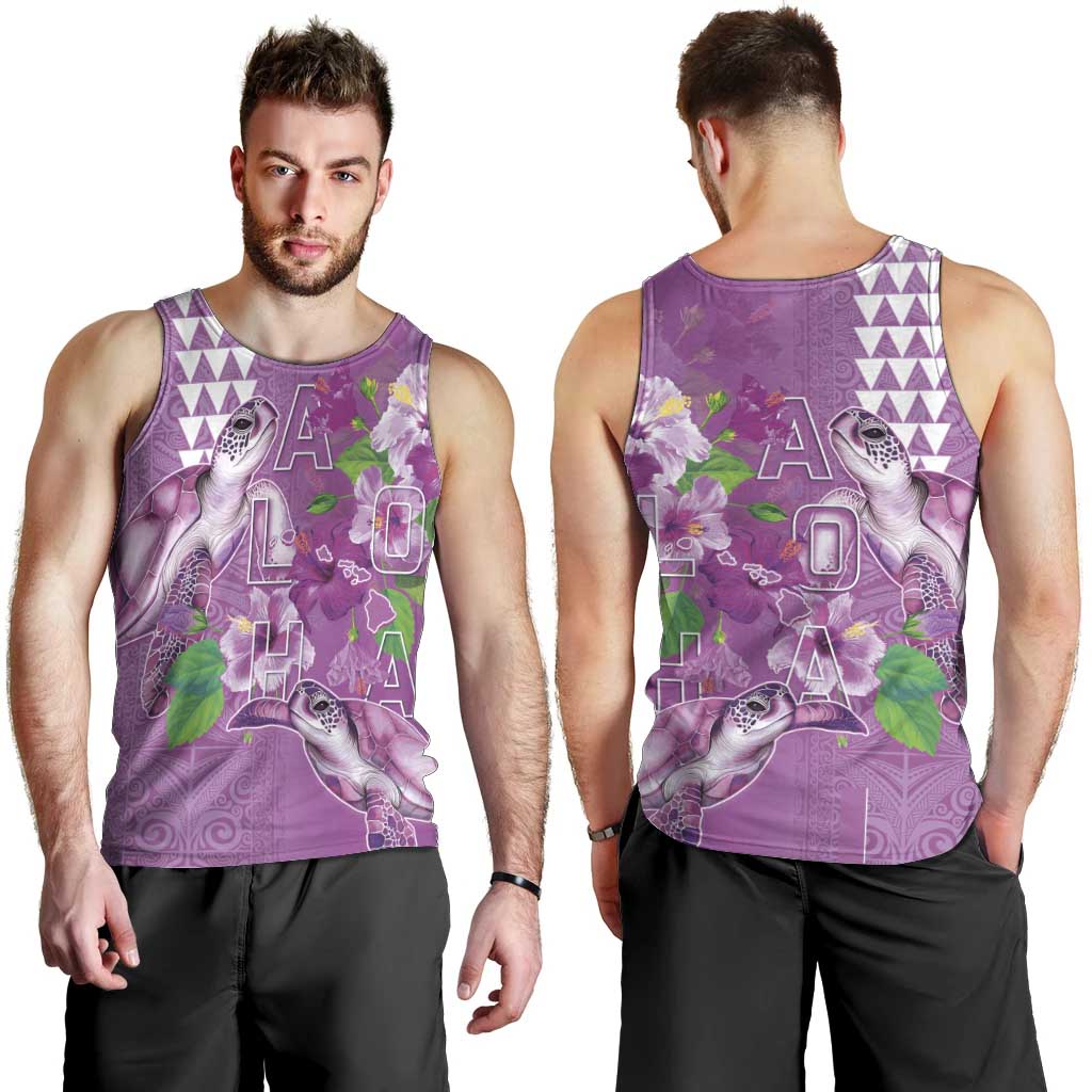 Hawaii Aloha Turtle Hibiscus and Leaves Men Tank Top with Polynesian and Kakau Tattoos Lilac Color - Polynesian Pride