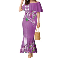 Hawaii Aloha Turtle Hibiscus and Leaves Mermaid Dress with Polynesian and Kakau Tattoos Lilac Color - Polynesian Pride
