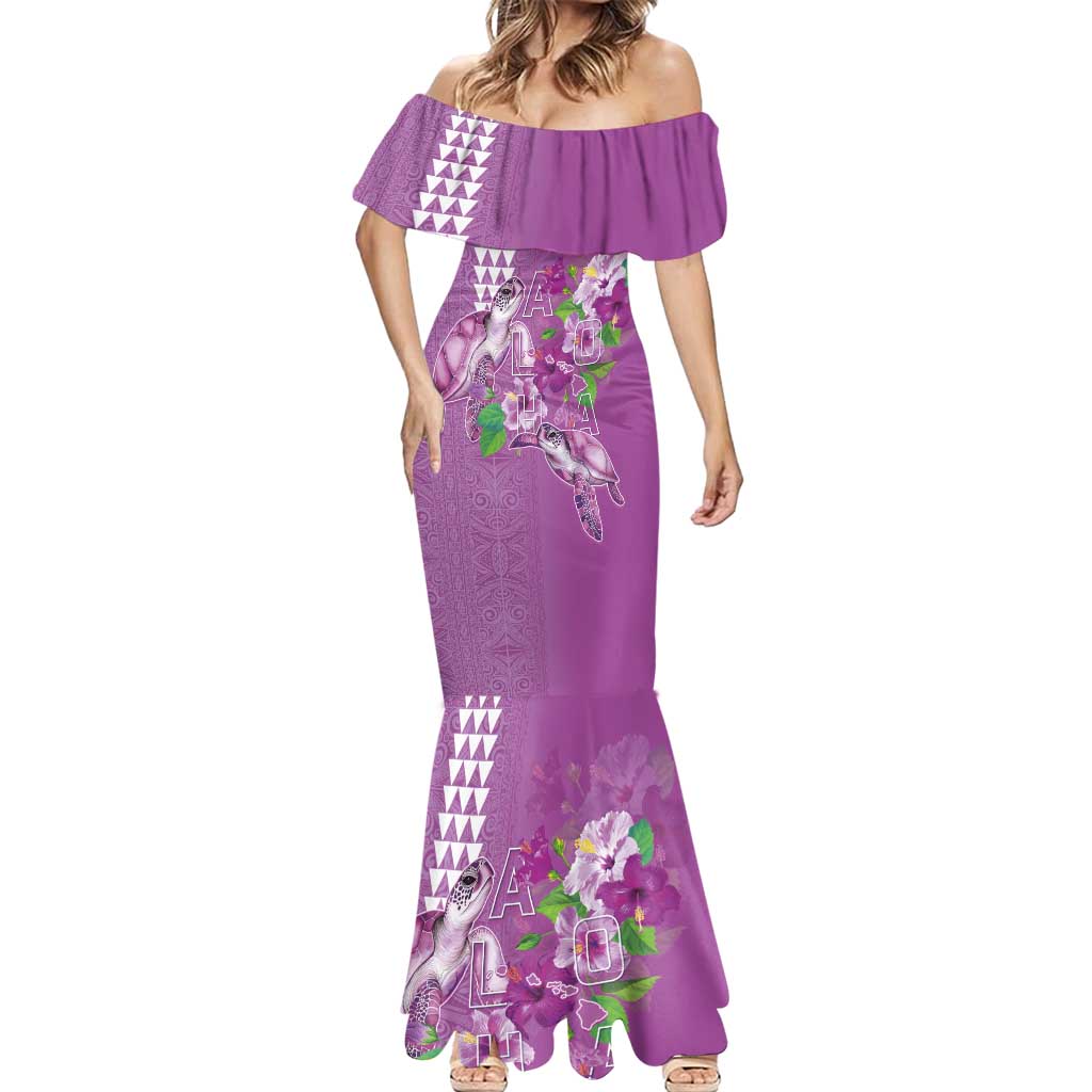 Hawaii Aloha Turtle Hibiscus and Leaves Mermaid Dress with Polynesian and Kakau Tattoos Lilac Color - Polynesian Pride