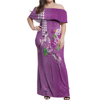 Hawaii Aloha Turtle Hibiscus and Leaves Off Shoulder Maxi Dress with Polynesian and Kakau Tattoos Lilac Color - Polynesian Pride