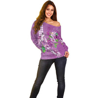 Hawaii Aloha Turtle Hibiscus and Leaves Off Shoulder Sweater with Polynesian and Kakau Tattoos Lilac Color - Polynesian Pride