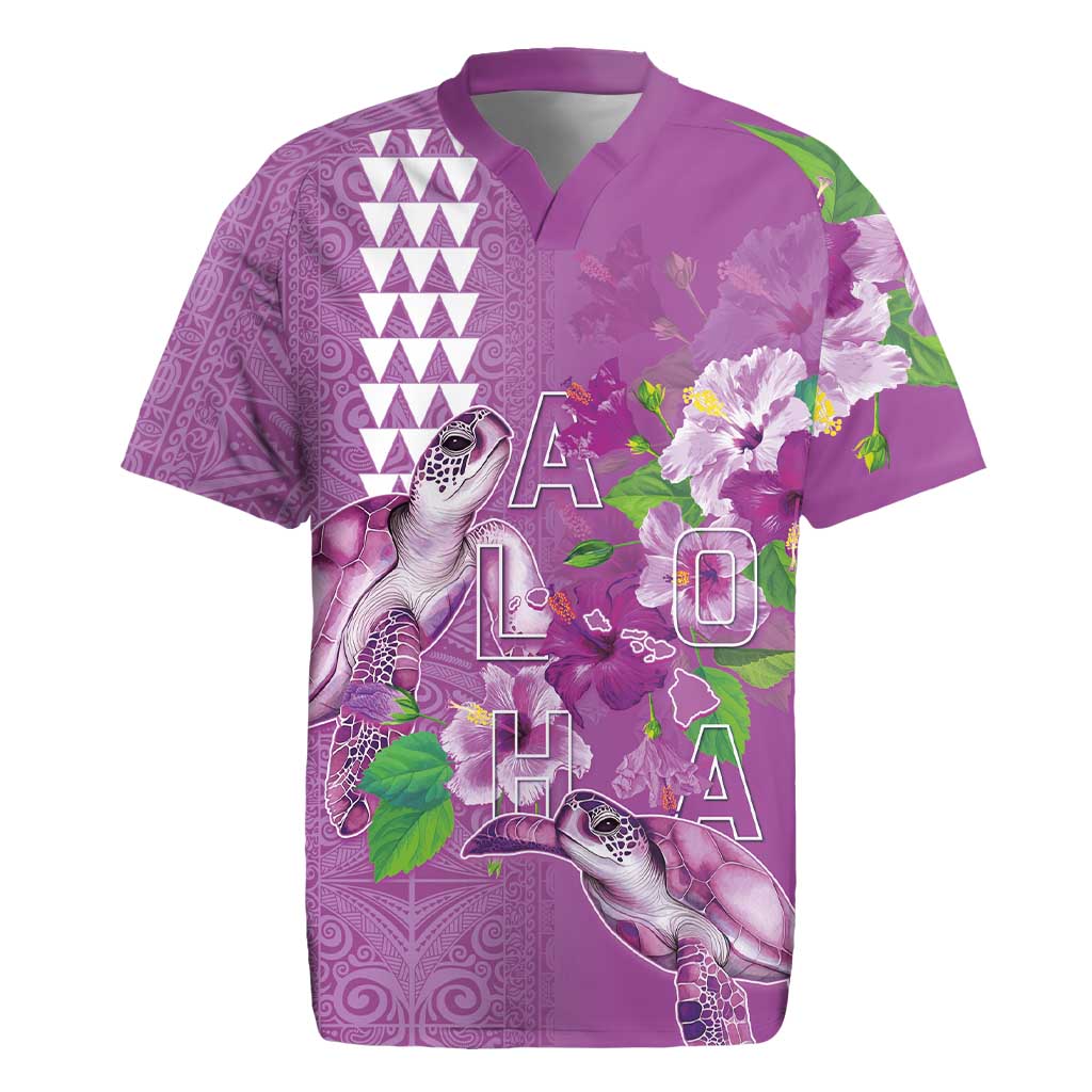 Hawaii Aloha Turtle Hibiscus and Leaves Rugby Jersey with Polynesian and Kakau Tattoos Lilac Color - Polynesian Pride