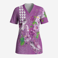 Hawaii Aloha Turtle Hibiscus and Leaves Scrub Top with Polynesian and Kakau Tattoos Lilac Color - Polynesian Pride