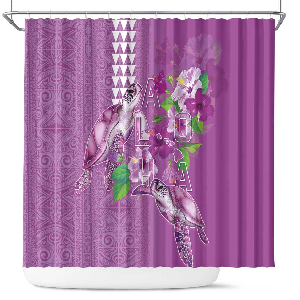 Hawaii Aloha Turtle Hibiscus and Leaves Shower Curtain with Polynesian and Kakau Tattoos Lilac Color - Polynesian Pride