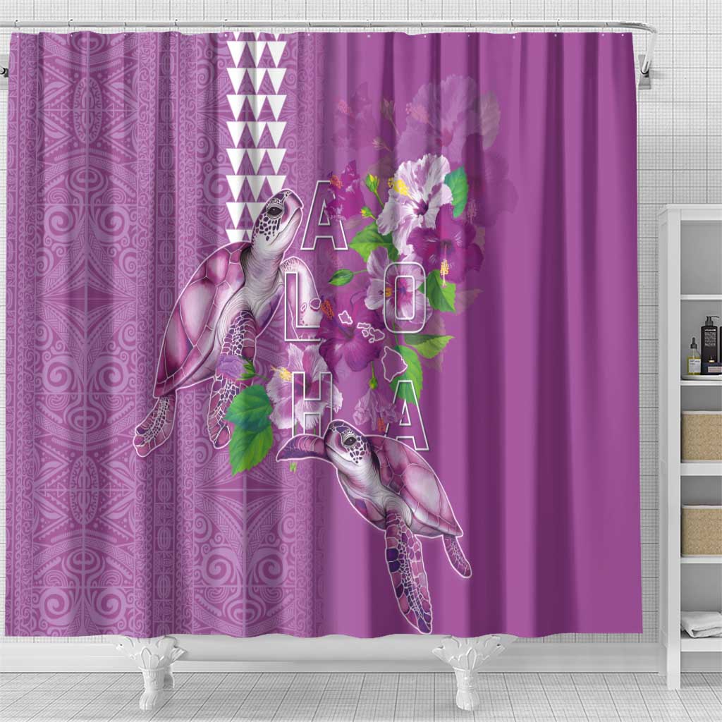 Hawaii Aloha Turtle Hibiscus and Leaves Shower Curtain with Polynesian and Kakau Tattoos Lilac Color - Polynesian Pride