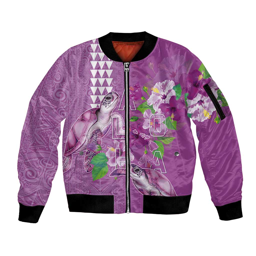 Hawaii Aloha Turtle Hibiscus and Leaves Sleeve Zip Bomber Jacket with Polynesian and Kakau Tattoos Lilac Color - Polynesian Pride