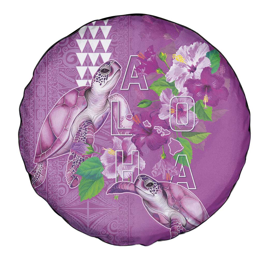 Hawaii Aloha Turtle Hibiscus and Leaves Spare Tire Cover with Polynesian and Kakau Tattoos Lilac Color - Polynesian Pride