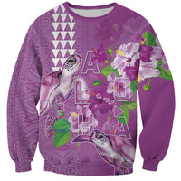 Hawaii Aloha Turtle Hibiscus and Leaves Sweatshirt with Polynesian and Kakau Tattoos Lilac Color - Polynesian Pride