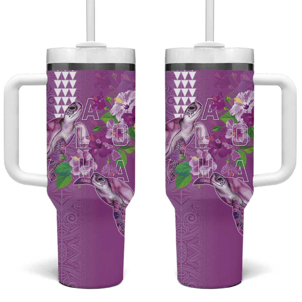 Hawaii Aloha Turtle Hibiscus and Leaves Tumbler With Handle with Polynesian and Kakau Tattoos Lilac Color - Polynesian Pride