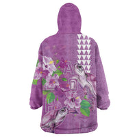 Hawaii Aloha Turtle Hibiscus and Leaves Wearable Blanket Hoodie with Polynesian and Kakau Tattoos Lilac Color - Polynesian Pride