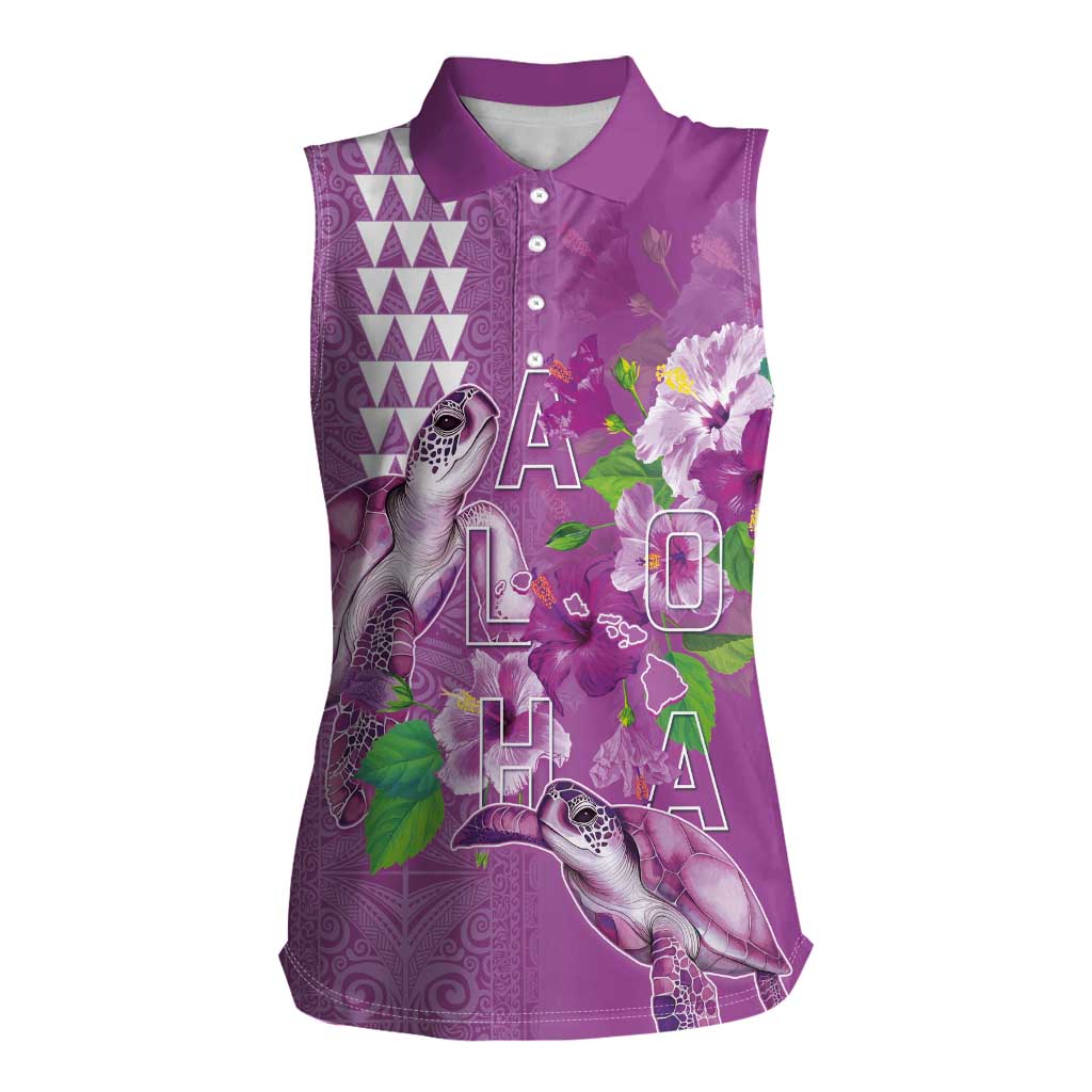 Hawaii Aloha Turtle Hibiscus and Leaves Women Sleeveless Polo Shirt with Polynesian and Kakau Tattoos Lilac Color - Polynesian Pride