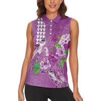 Hawaii Aloha Turtle Hibiscus and Leaves Women Sleeveless Polo Shirt with Polynesian and Kakau Tattoos Lilac Color - Polynesian Pride