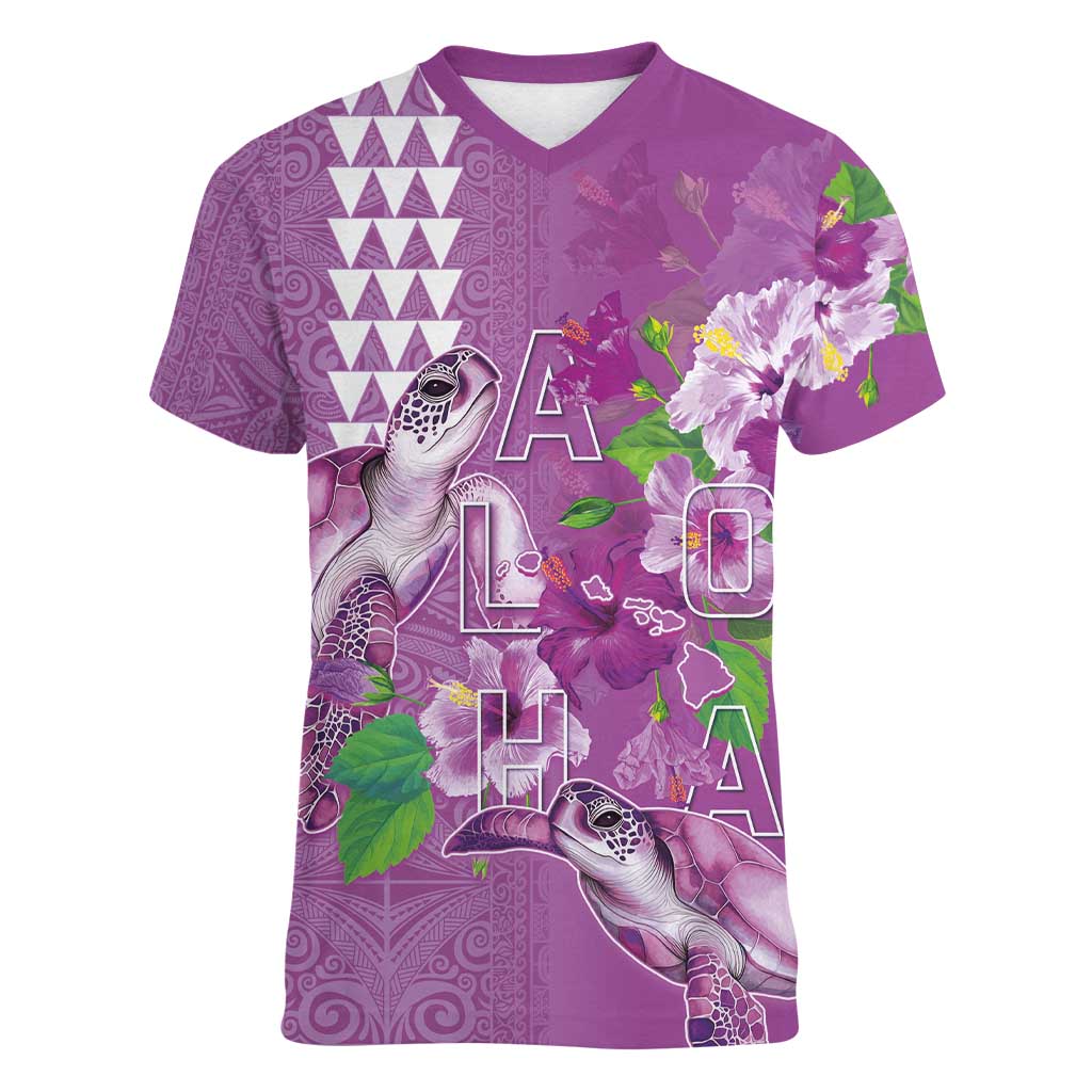 Hawaii Aloha Turtle Hibiscus and Leaves Women V-Neck T-Shirt with Polynesian and Kakau Tattoos Lilac Color - Polynesian Pride
