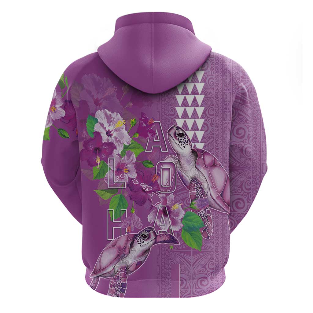 Hawaii Aloha Turtle Hibiscus and Leaves Zip Hoodie with Polynesian and Kakau Tattoos Lilac Color - Polynesian Pride