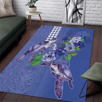 Hawaii Aloha Turtle Hibiscus and Leaves Area Rug with Polynesian and Kakau Tattoos Denim Color - Polynesian Pride