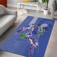 Hawaii Aloha Turtle Hibiscus and Leaves Area Rug with Polynesian and Kakau Tattoos Denim Color - Polynesian Pride