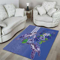 Hawaii Aloha Turtle Hibiscus and Leaves Area Rug with Polynesian and Kakau Tattoos Denim Color - Polynesian Pride
