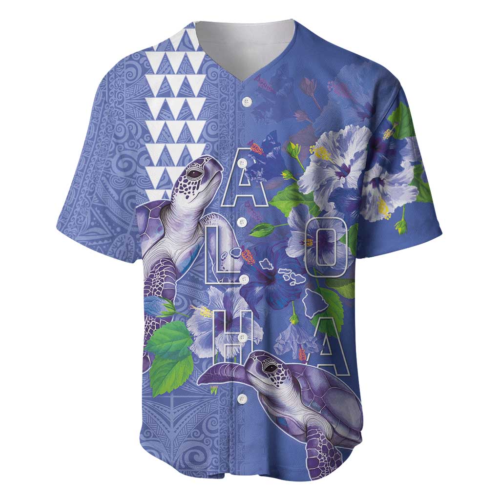 Hawaii Aloha Turtle Hibiscus and Leaves Baseball Jersey with Polynesian and Kakau Tattoos Denim Color - Polynesian Pride
