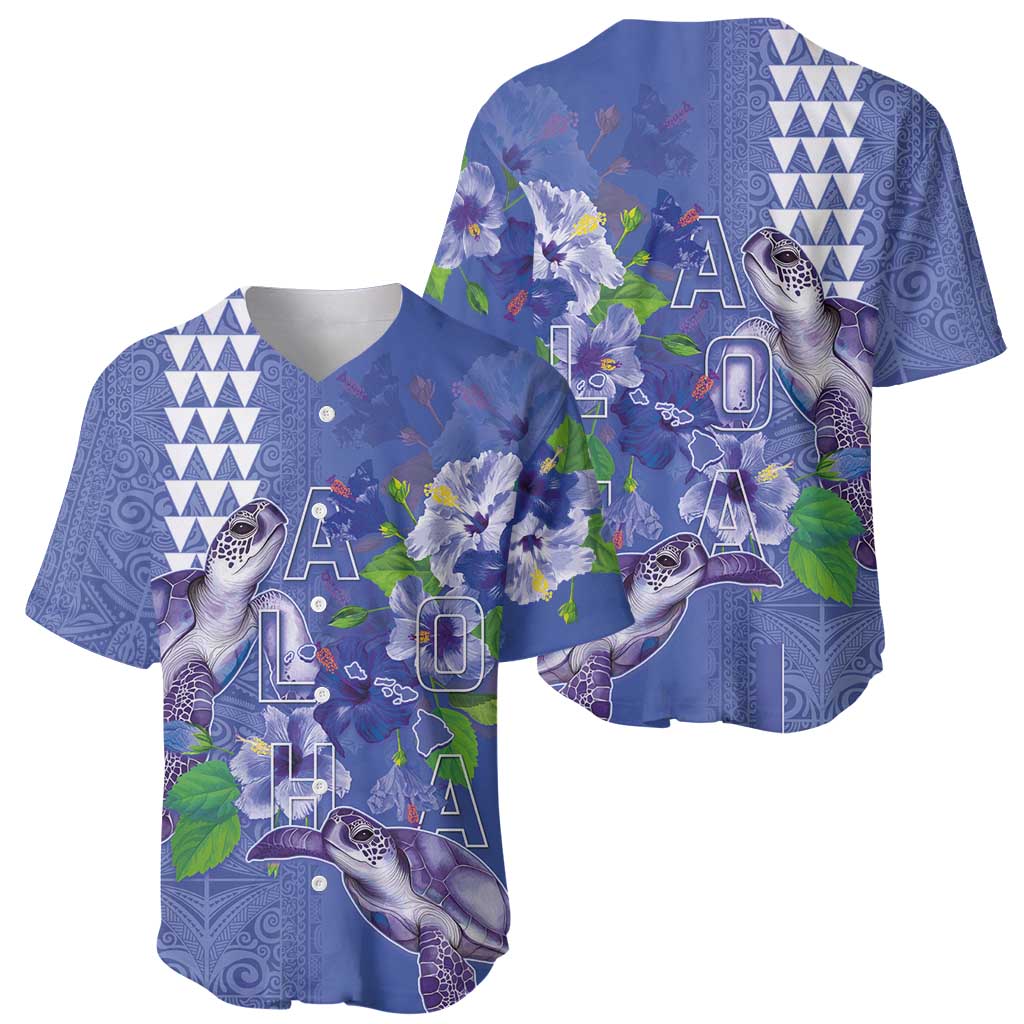 Hawaii Aloha Turtle Hibiscus and Leaves Baseball Jersey with Polynesian and Kakau Tattoos Denim Color - Polynesian Pride
