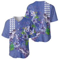 Hawaii Aloha Turtle Hibiscus and Leaves Baseball Jersey with Polynesian and Kakau Tattoos Denim Color - Polynesian Pride