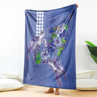 Hawaii Aloha Turtle Hibiscus and Leaves Blanket with Polynesian and Kakau Tattoos Denim Color - Polynesian Pride