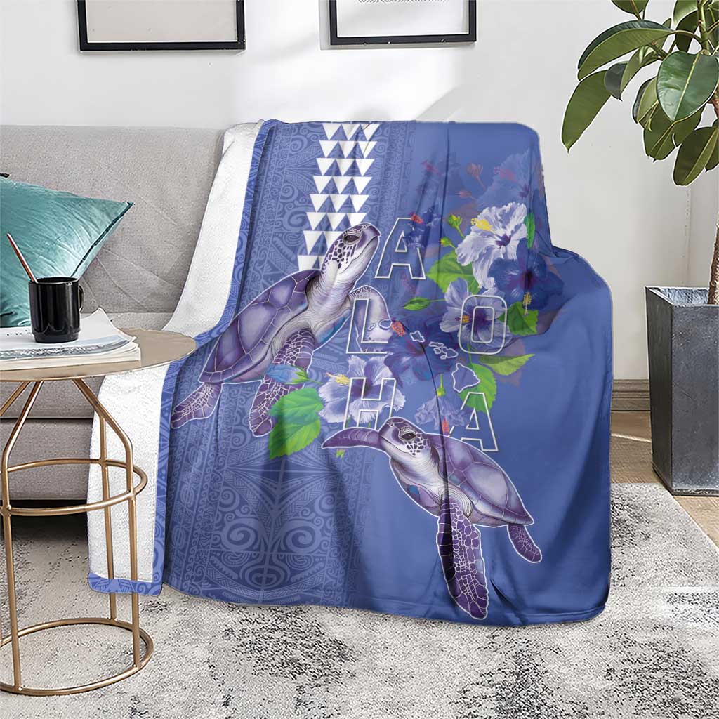 Hawaii Aloha Turtle Hibiscus and Leaves Blanket with Polynesian and Kakau Tattoos Denim Color - Polynesian Pride
