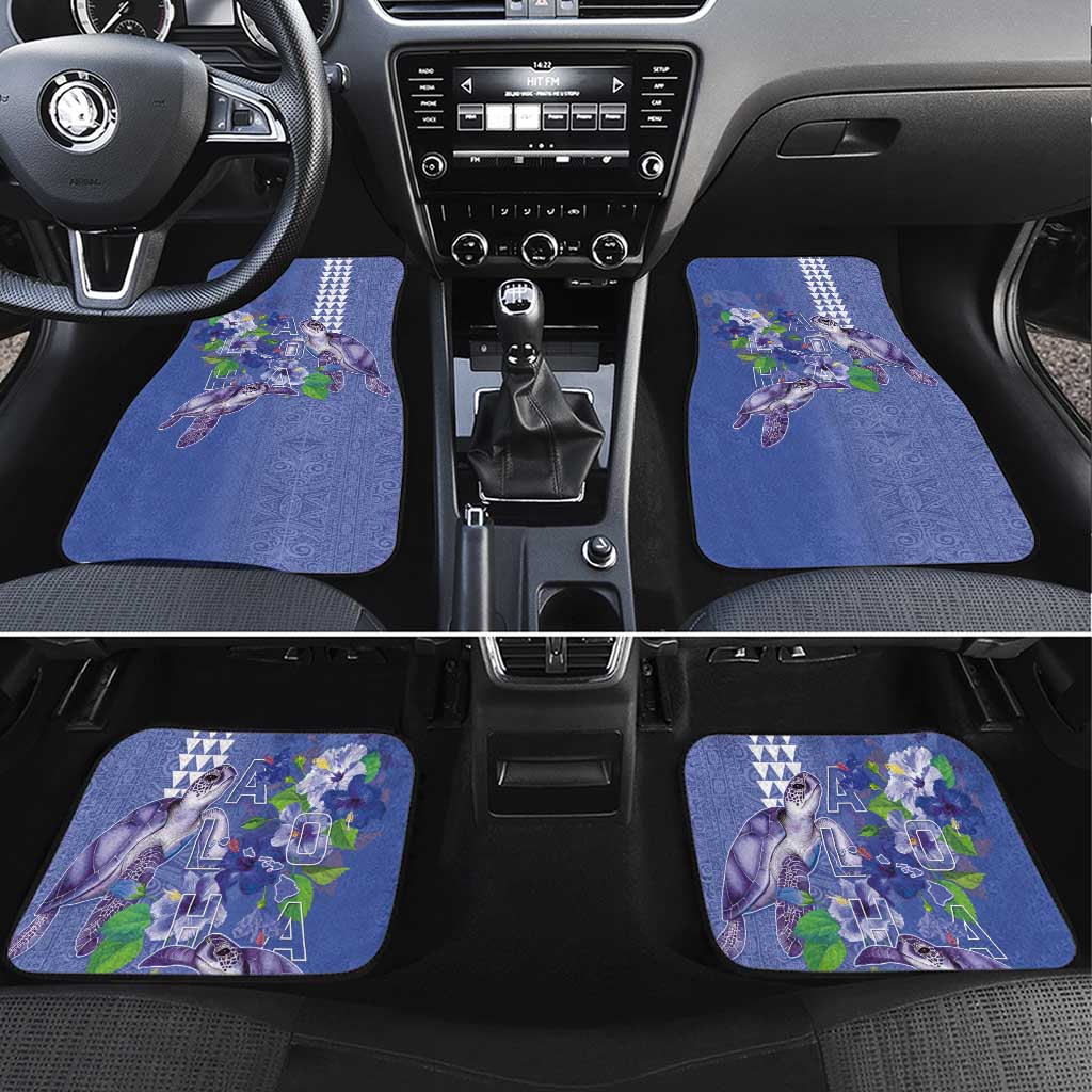 Hawaii Aloha Turtle Hibiscus and Leaves Car Mats with Polynesian and Kakau Tattoos Denim Color - Polynesian Pride