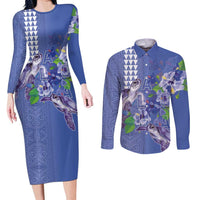 Hawaii Aloha Turtle Hibiscus and Leaves Couples Matching Long Sleeve Bodycon Dress and Long Sleeve Button Shirt with Polynesian and Kakau Tattoos Denim Color - Polynesian Pride