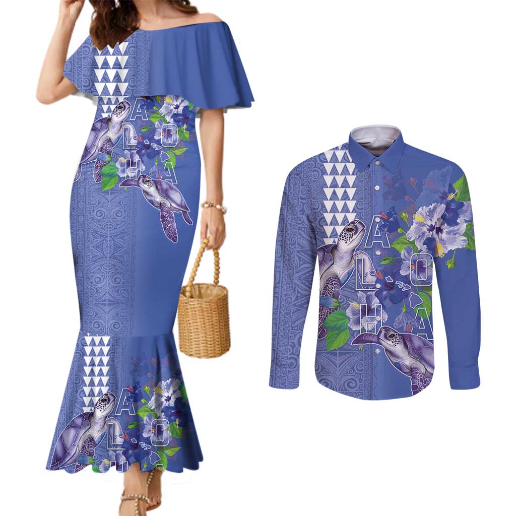 Hawaii Aloha Turtle Hibiscus and Leaves Couples Matching Mermaid Dress and Long Sleeve Button Shirt with Polynesian and Kakau Tattoos Denim Color - Polynesian Pride