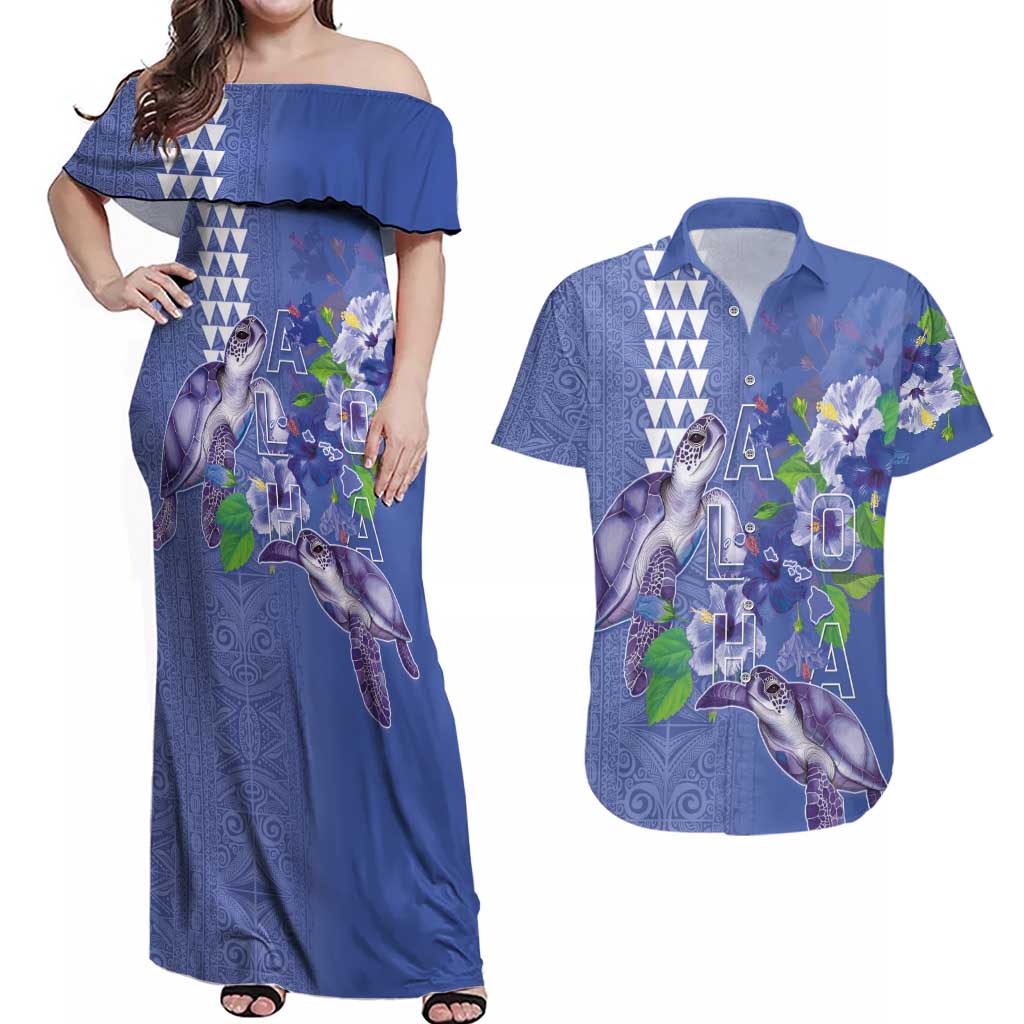 Hawaii Aloha Turtle Hibiscus and Leaves Couples Matching Off Shoulder Maxi Dress and Hawaiian Shirt with Polynesian and Kakau Tattoos Denim Color - Polynesian Pride