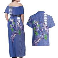 Hawaii Aloha Turtle Hibiscus and Leaves Couples Matching Off Shoulder Maxi Dress and Hawaiian Shirt with Polynesian and Kakau Tattoos Denim Color - Polynesian Pride