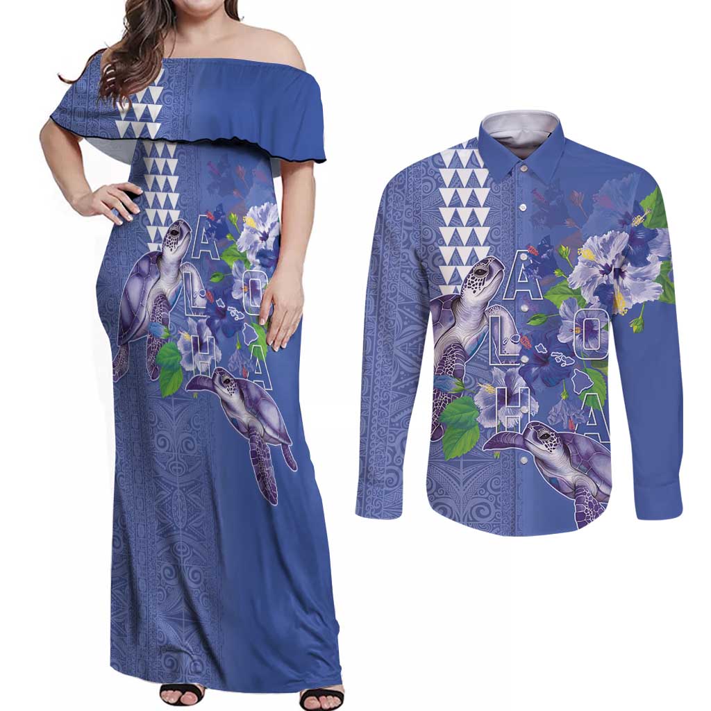 Hawaii Aloha Turtle Hibiscus and Leaves Couples Matching Off Shoulder Maxi Dress and Long Sleeve Button Shirt with Polynesian and Kakau Tattoos Denim Color - Polynesian Pride