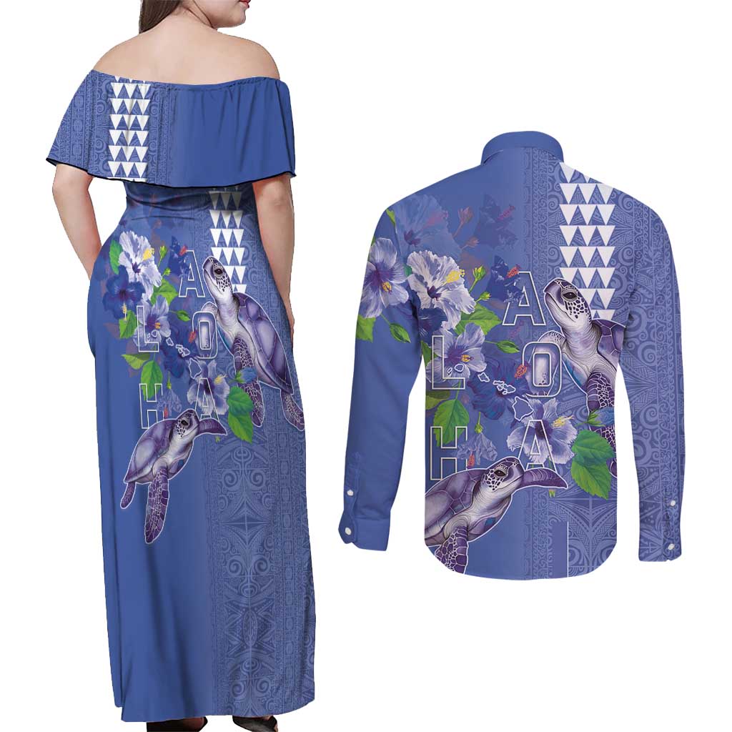 Hawaii Aloha Turtle Hibiscus and Leaves Couples Matching Off Shoulder Maxi Dress and Long Sleeve Button Shirt with Polynesian and Kakau Tattoos Denim Color - Polynesian Pride