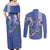 Hawaii Aloha Turtle Hibiscus and Leaves Couples Matching Off Shoulder Maxi Dress and Long Sleeve Button Shirt with Polynesian and Kakau Tattoos Denim Color - Polynesian Pride