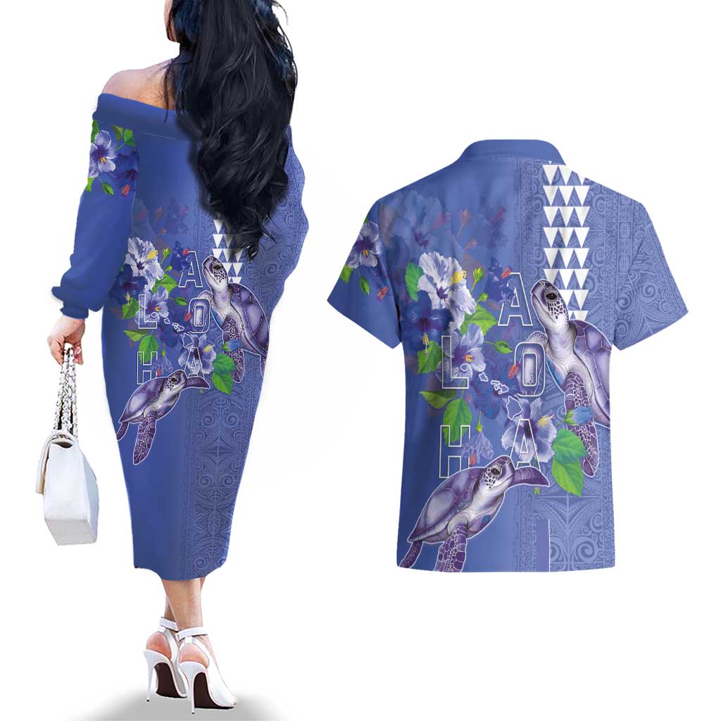 Hawaii Aloha Turtle Hibiscus and Leaves Couples Matching Off The Shoulder Long Sleeve Dress and Hawaiian Shirt with Polynesian and Kakau Tattoos Denim Color - Polynesian Pride