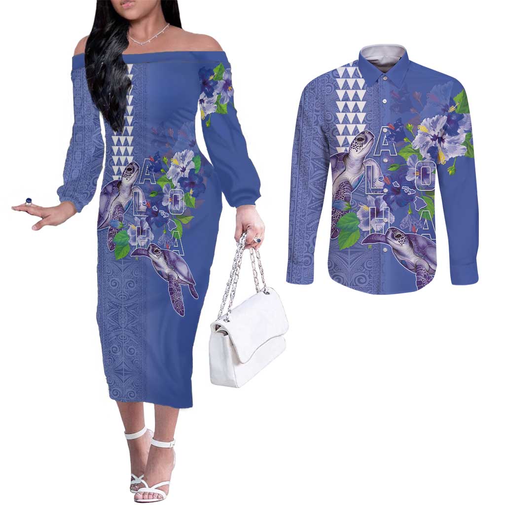 Hawaii Aloha Turtle Hibiscus and Leaves Couples Matching Off The Shoulder Long Sleeve Dress and Long Sleeve Button Shirt with Polynesian and Kakau Tattoos Denim Color - Polynesian Pride