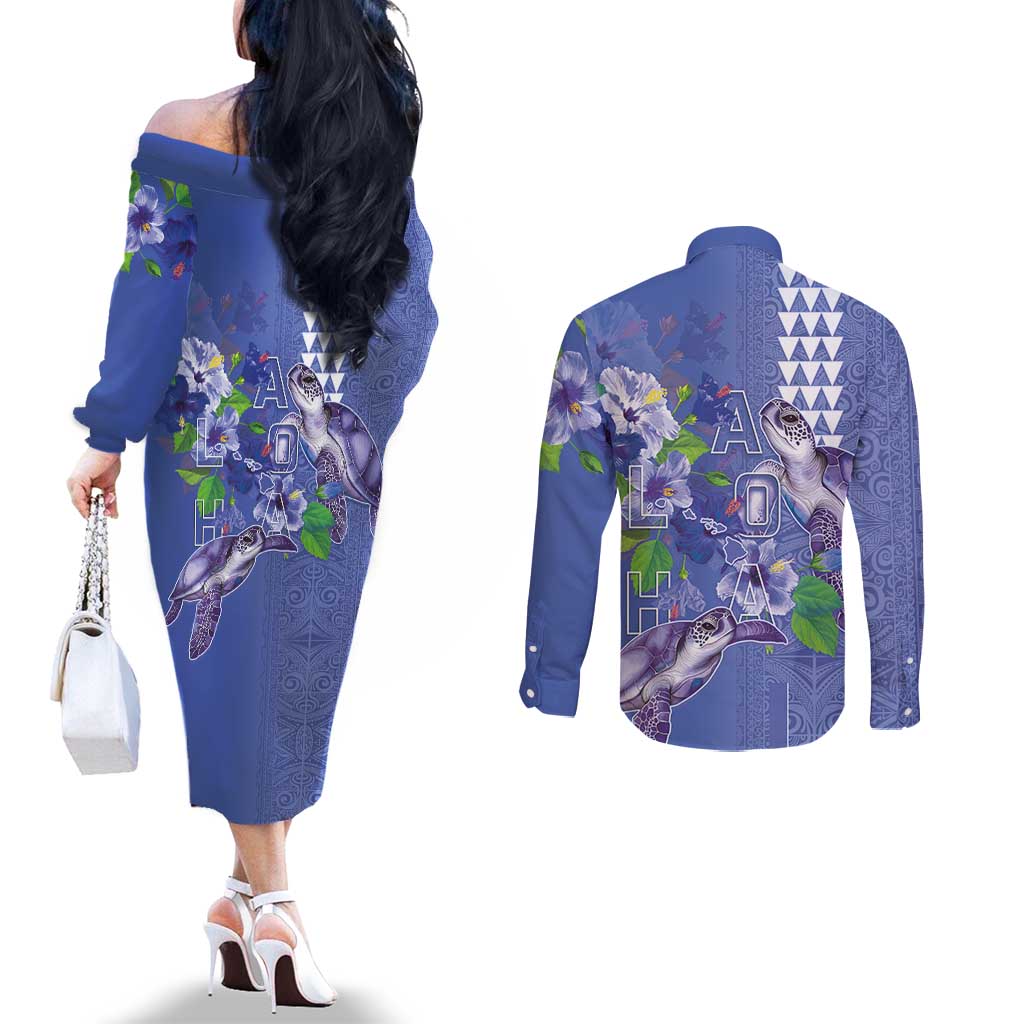 Hawaii Aloha Turtle Hibiscus and Leaves Couples Matching Off The Shoulder Long Sleeve Dress and Long Sleeve Button Shirt with Polynesian and Kakau Tattoos Denim Color - Polynesian Pride