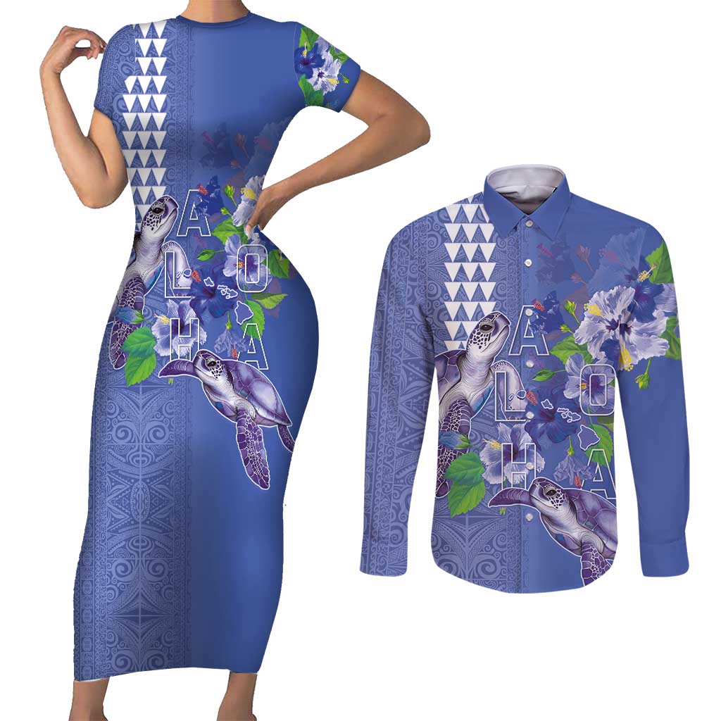 Hawaii Aloha Turtle Hibiscus and Leaves Couples Matching Short Sleeve Bodycon Dress and Long Sleeve Button Shirt with Polynesian and Kakau Tattoos Denim Color - Polynesian Pride